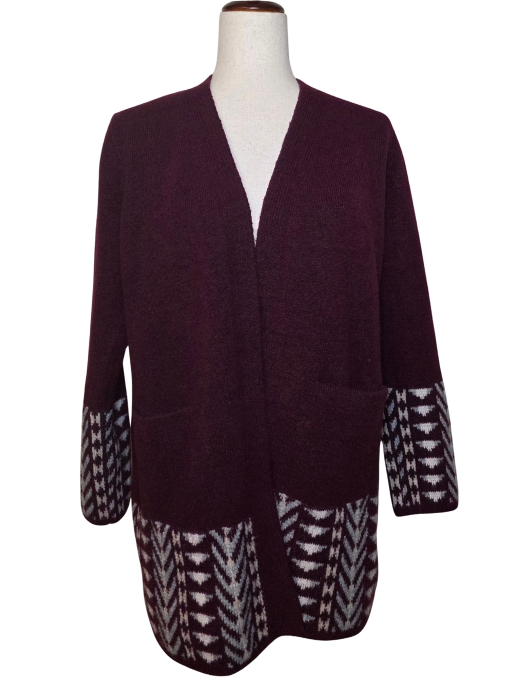 Frye Open-Front Cardigan in Burgundy with Cream Patterned Accents